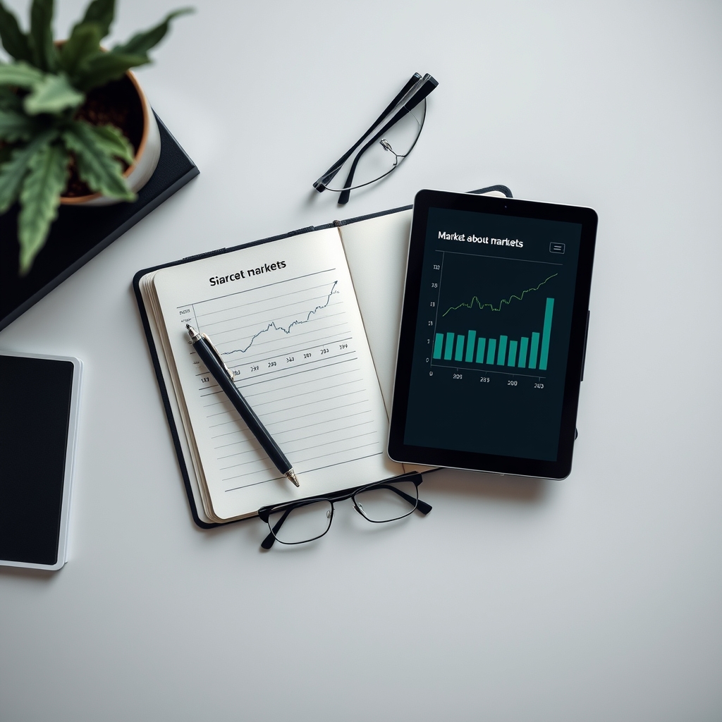 Werkplek met notitieboek en laptop voor financiële studie.